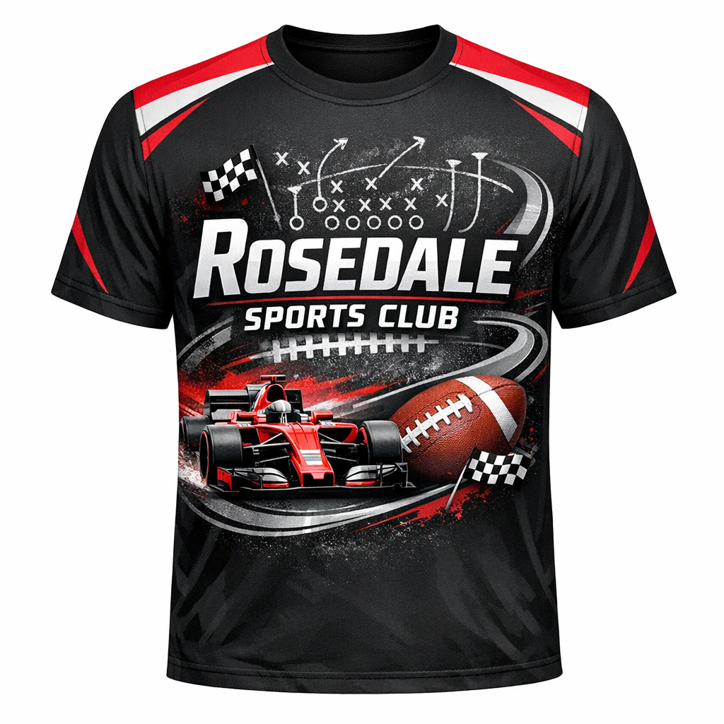 Rosedale Sports Club T-Shirt Design featuring F1 car and football graphics